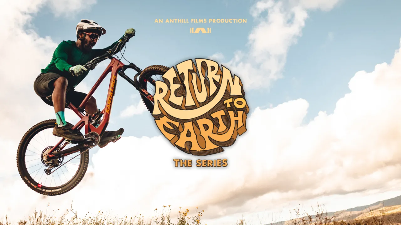 Mountain biker Eliot Jackson airs across the sky in the Title Image for Anthill's Return to Earth, the Series Season 2