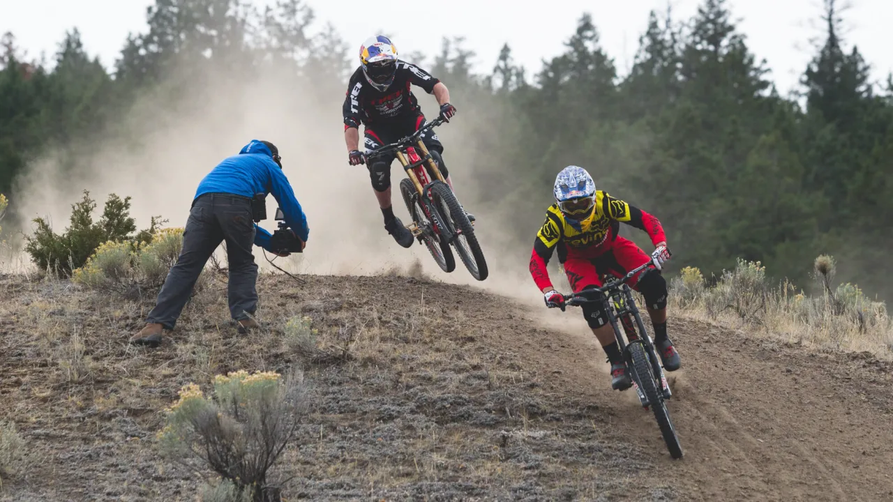 Steve Smith and Brook MacDonald descend the unReal drift track while Anthill cinematographer, Colin Jones, captures with UHD high speed camera. Photo: Harookz