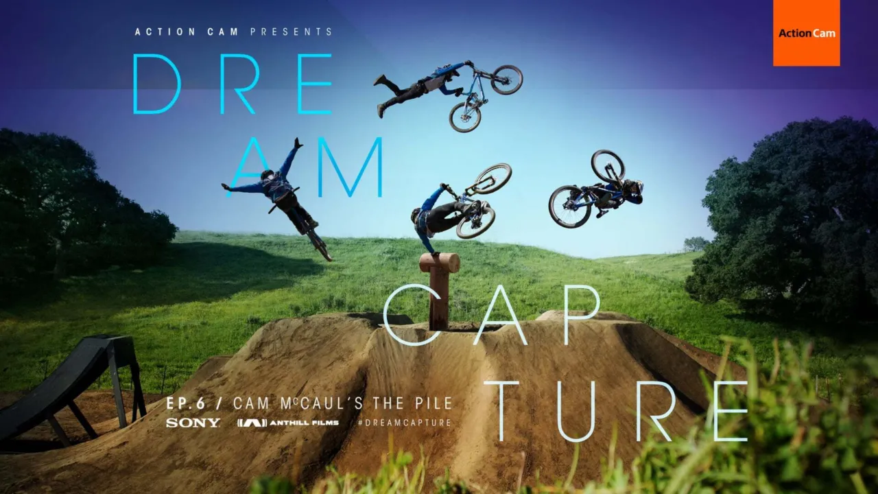 A composite image showing Cam McCaul airing over the same jump in different ways and directions for his Dream Capture film: The Pile.