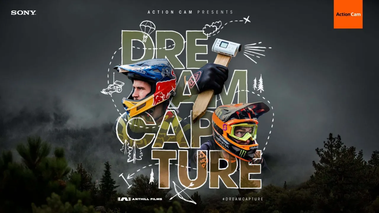 Poster image for Trigger Happy shows treasure trail drawing with pro downhill riders' Stevie Smith and Brendan Faircloth heads over a dark forest.