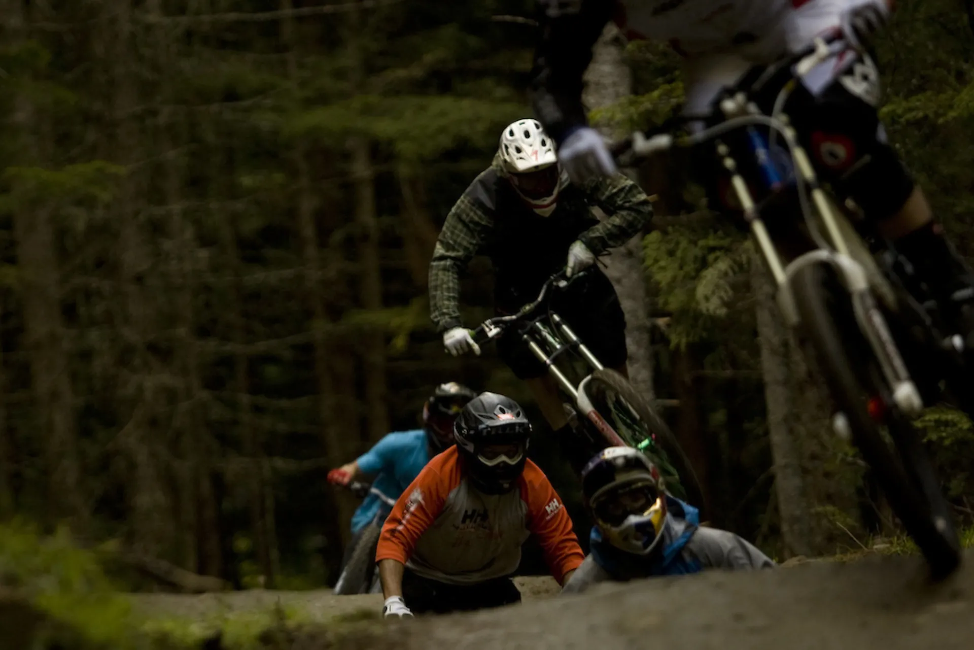 steve peat, stevie smith, andrew shandro, matt hunter, and cam mccaul ride Whistler bike Park in end segment of the mtb film Seasons.